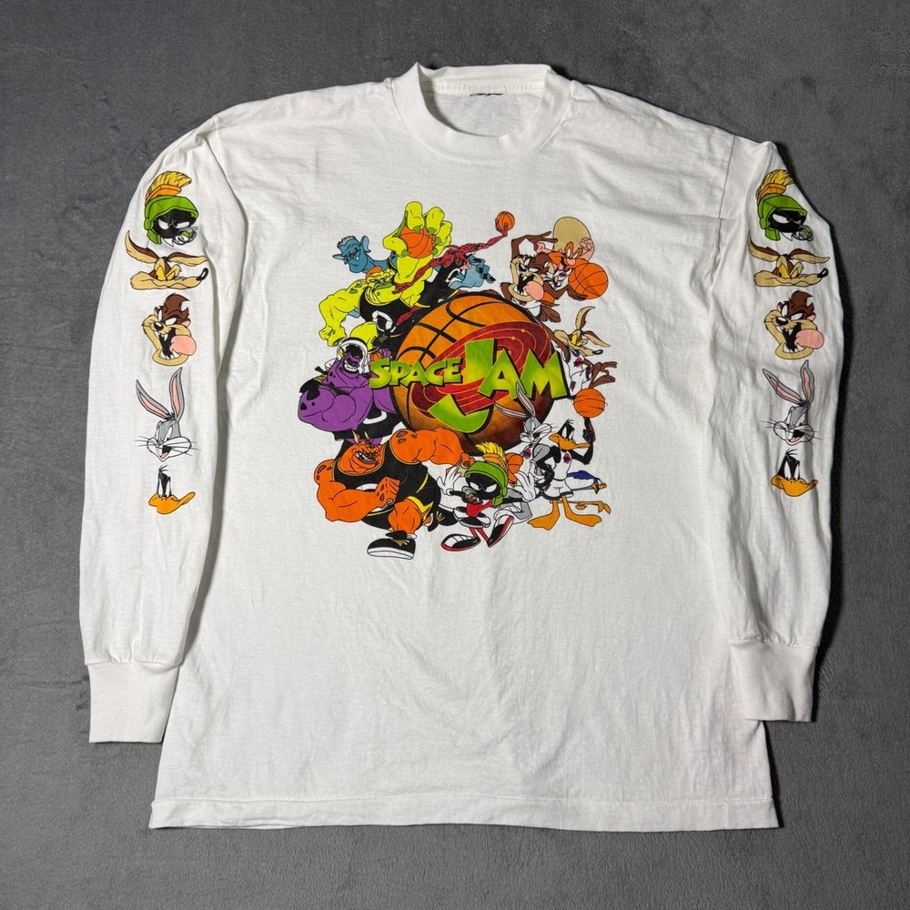 Vintage 1996 Space Jam Warner Bros Single Stitch White Long Sleeve Shirt Size L